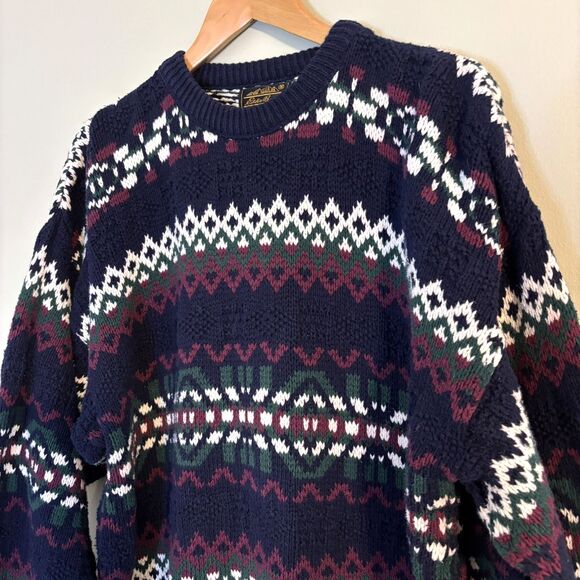 VTG Eddie Bauer Fair Isle Sweater Mens L Grandpa Fisherman Cozy Hygge Made in US - Picture 2 of 10